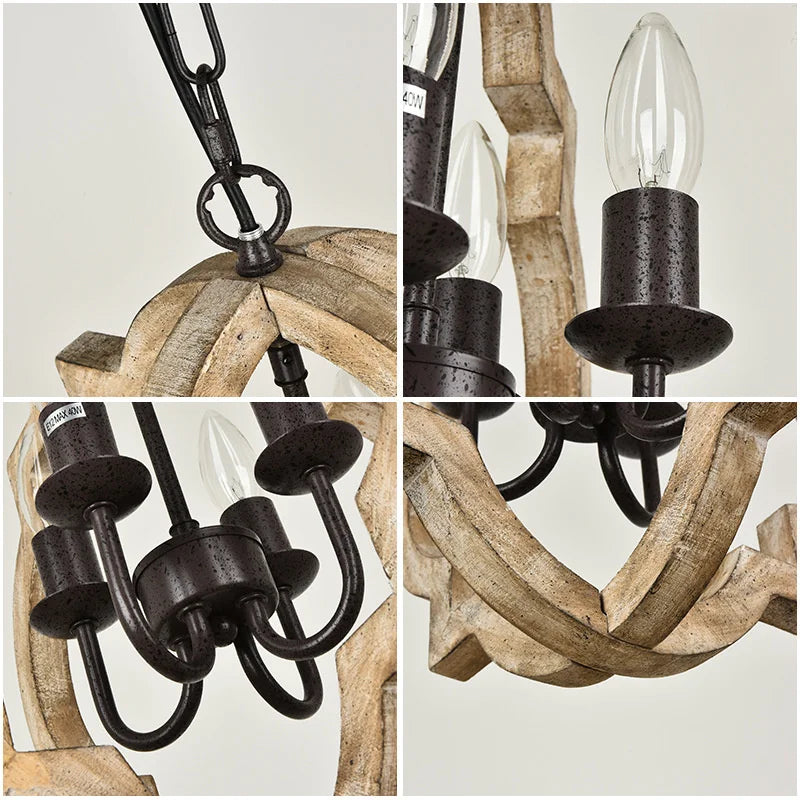 Afralia™ Rustic Wood Chandelier for Kitchen Dining Bedroom Candle Lamp