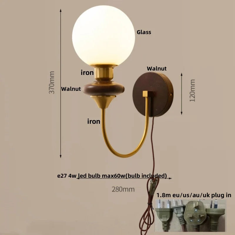 Afralia™ Wood Glass LED Wall Sconce Pull Chain Switch Bathroom Vanity Light