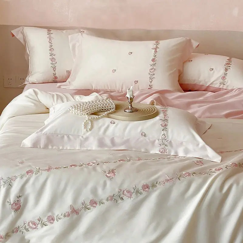 Afralia™ Rose Flowers Embroidery Bedding Set - Soft Lyocell Cotton, Silky Duvet Cover, Sheet, Pillowcases