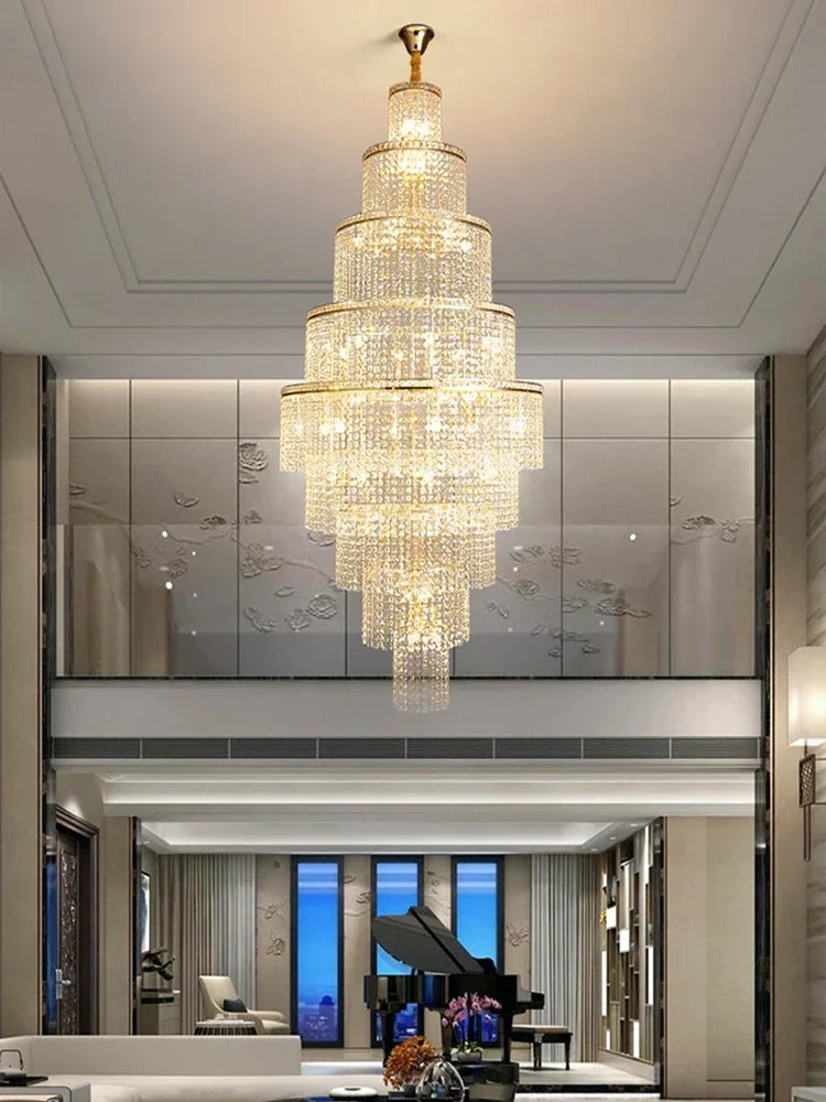 Afralia™ Large Golden Crystal Chandelier for Modern Luxury High Ceilings
