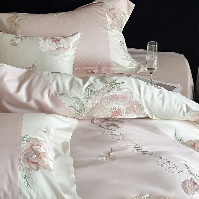Afralia™ Pink Flowers Embroidery Luxe Bedding Set: 1000TC Egyptian Cotton Duvet Cover, Bed Sheet, Pillowcases