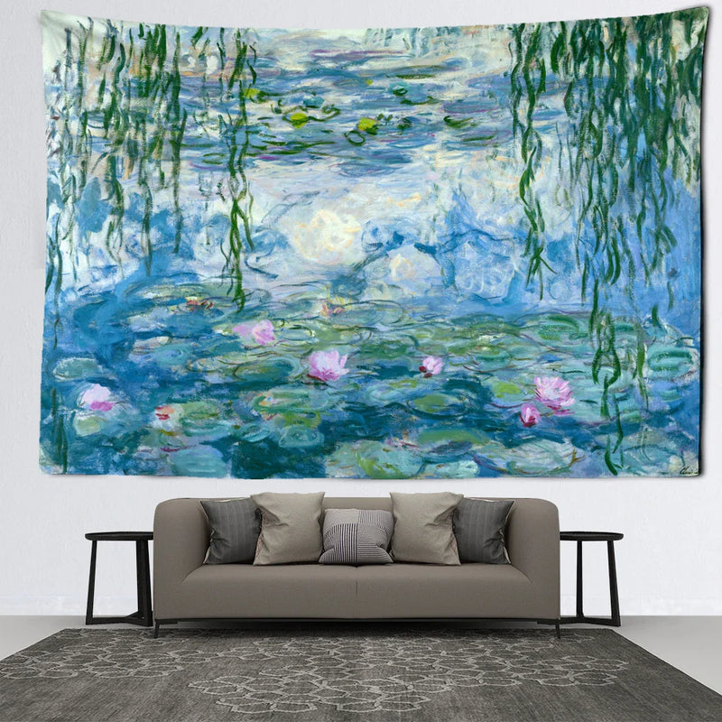 Water Lily Oil Painting Tapestry Wall Hanging by Afralia™ - Bohemian Abstract Art for Home Decor