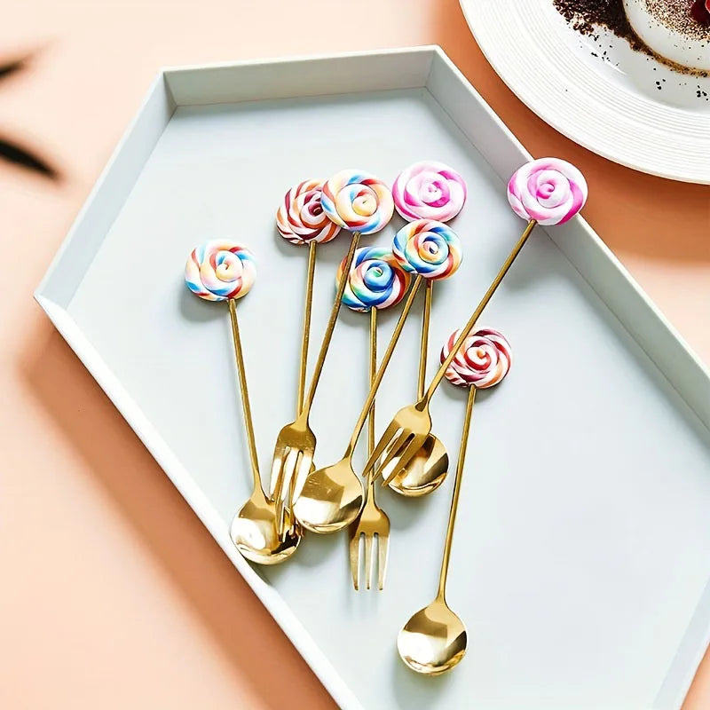 Afralia™ 4PCS Stainless Steel Creative Candy Donut Dessert Fork and Coffee Spoon Set