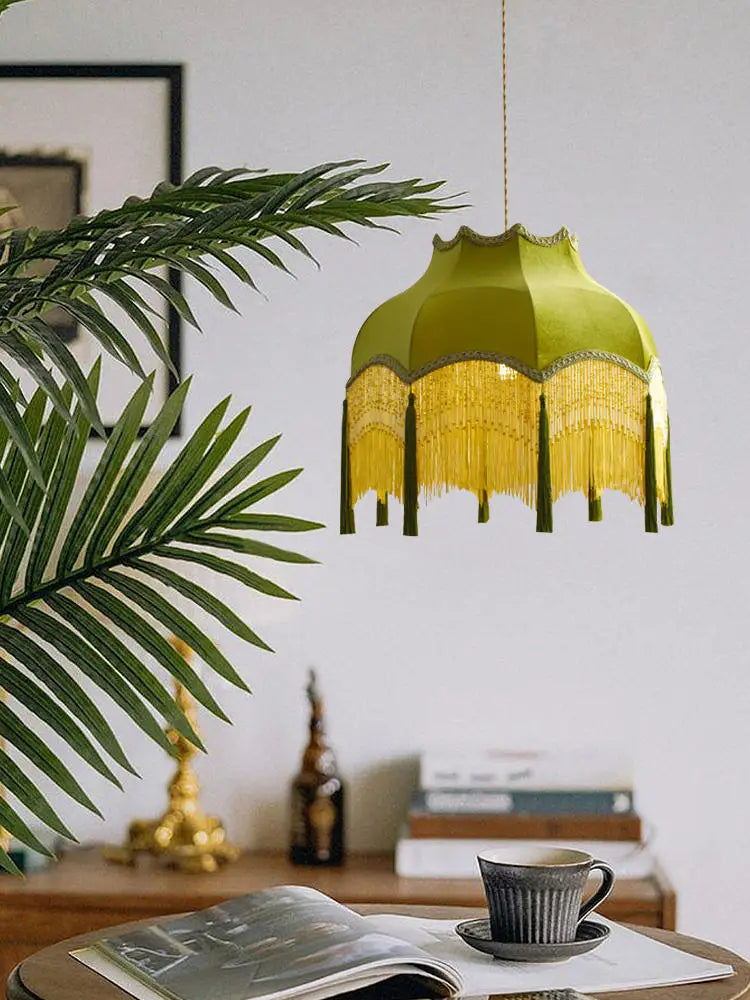 Afralia™ Vintage Green Cloth Tassels LED Ceiling Chandelier Pendant Lights Home Decor