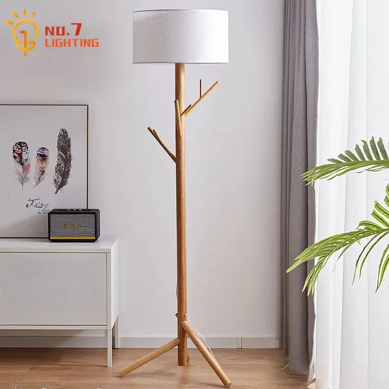 Afralia™ Wabi-sabi Solid Wood Floor Lamp Coat Rack LED E27 Vertical Table Lamp