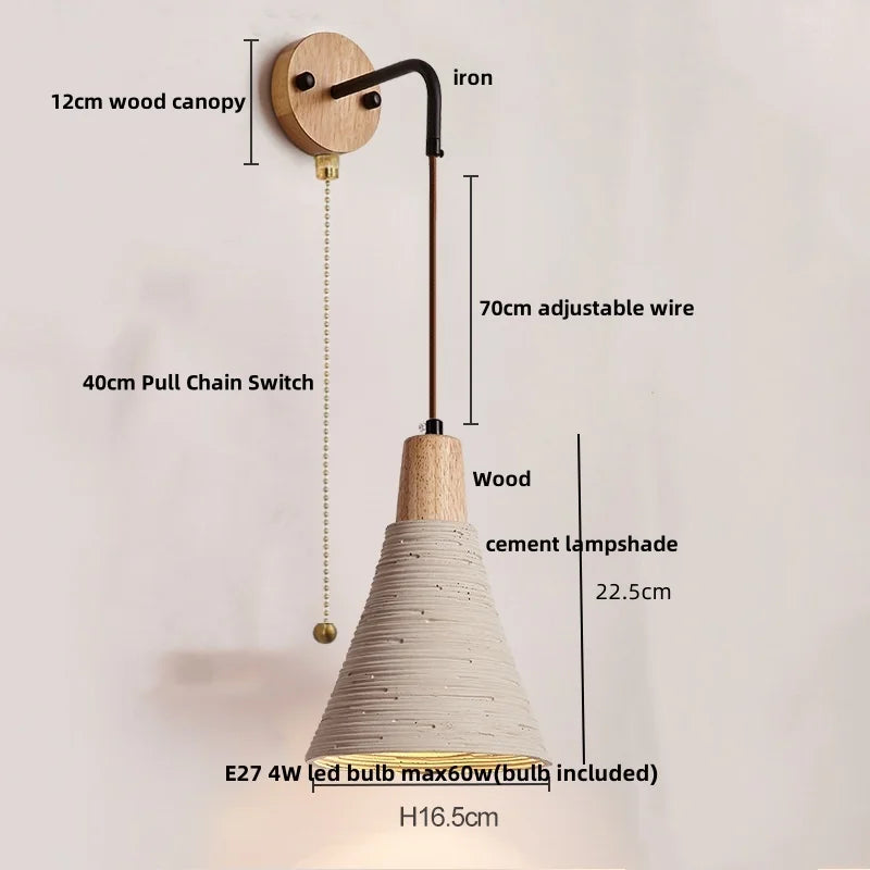 Afralia™ LED Wall Light Fixture Cement Wood Base Bedside Lamp
