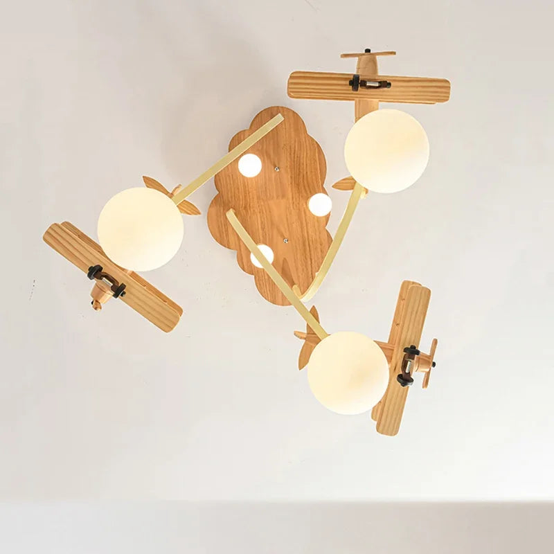 Afralia™ Airplane LED Wooden Plane Chandelier for Kids Room, Boys Bedroom, Creative Lighting
