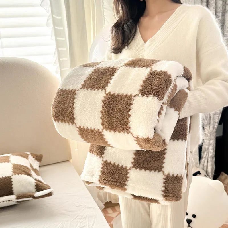 Afralia™ Nordic Grid Checkerboard Coral Fleece Blanket - All Season Sofa Cover for Adults