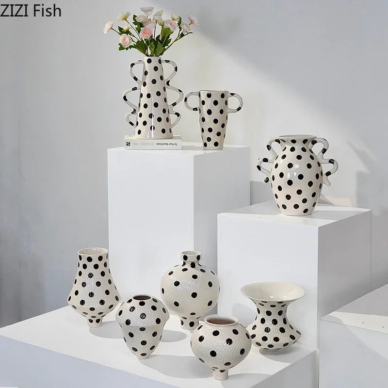 Afralia™ Black Polka Dot Ceramic Vase for Table Flower Arrangement and Room Decor