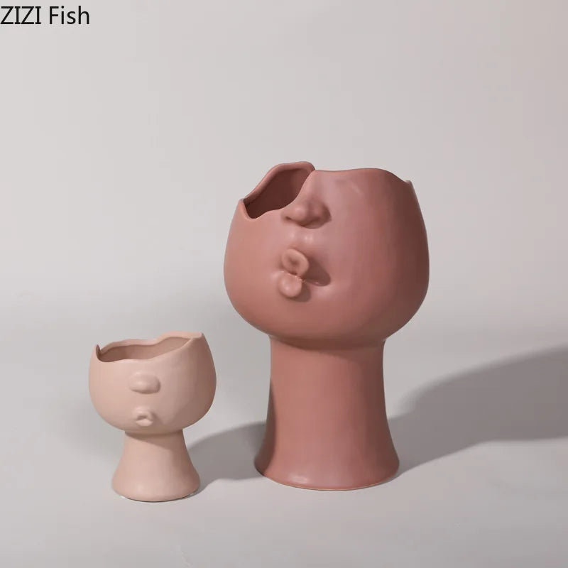 Afralia™ Abstract Face Ceramic Vase for Table Flowers Decoration