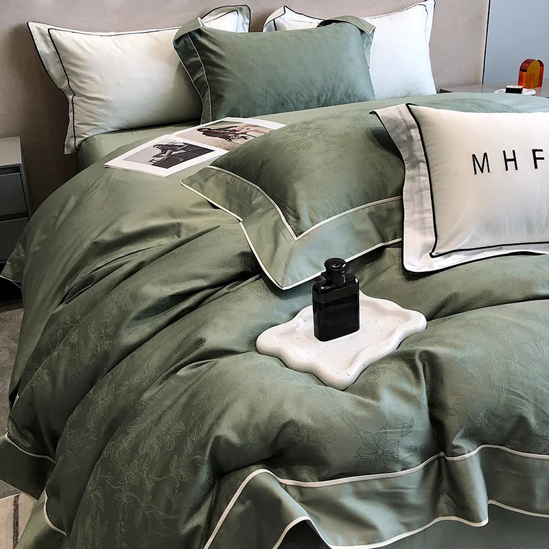 Afralia™ Jacquard Satin & Egyptian Cotton Patchwork Bedding Set - 4pcs