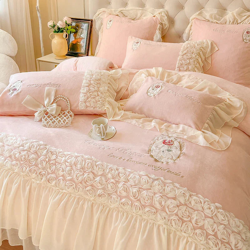 Afralia™ Pink French Rose Velvet Bedding Set with Lace Ruffles & Flowers Embroidery