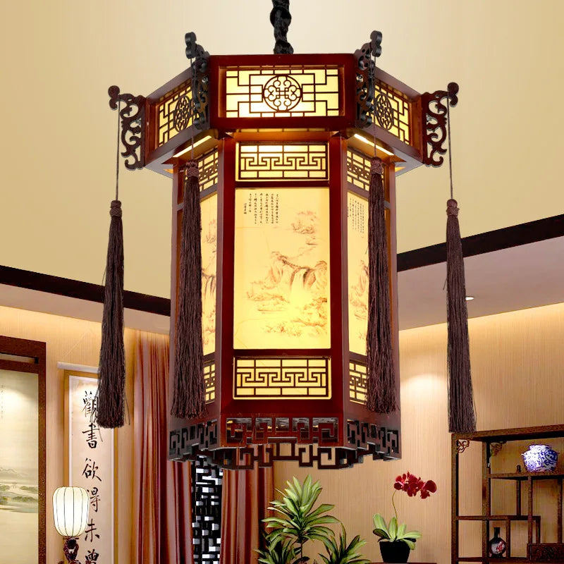 Afralia™ Solid Wood Palace Lantern with Eight Immortals Painting, Bird-and-Flower Art