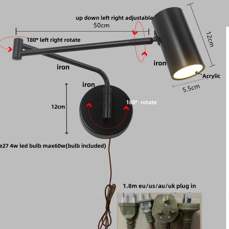 Afralia™ Rotatable LED Wall Sconce Swing Arm Light Fixture for Study and Bedside
