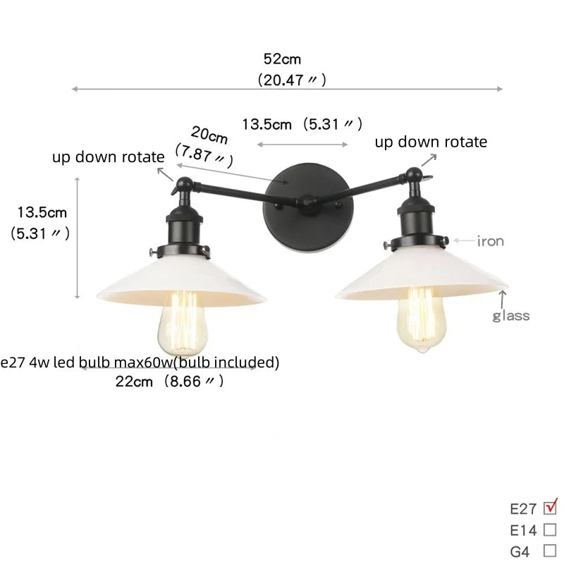 Afralia™ Industrial LED Wall Light Fixture with Pull Chain Switch, 2 Heads Bedside Lamp