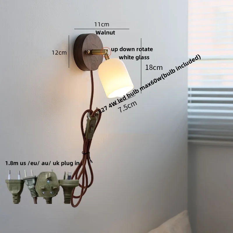 Afralia™ Walnut Wood LED Wall Lights Bedroom Copper Rotate Glass Pull Chain Switch