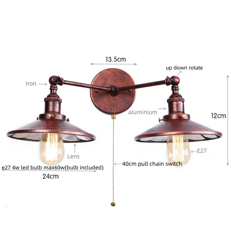 Afralia™ Industrial Vintage Double Heads LED Wall Light for Coffee Reading, Plug In Bedside Lamp
