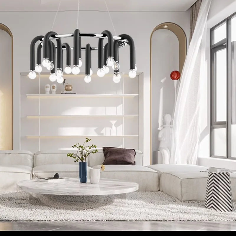 Afralia™ Black Aluminum U-Shaped Tube Dimmable LED Chandelier for High Ceilings