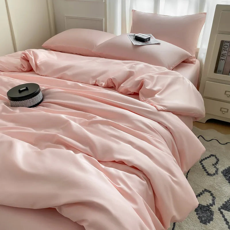 Afralia™ Silky Rayon Bedding Set: Solid Color Duvet, Fitted Sheet, Pillowcase - Queen King Size