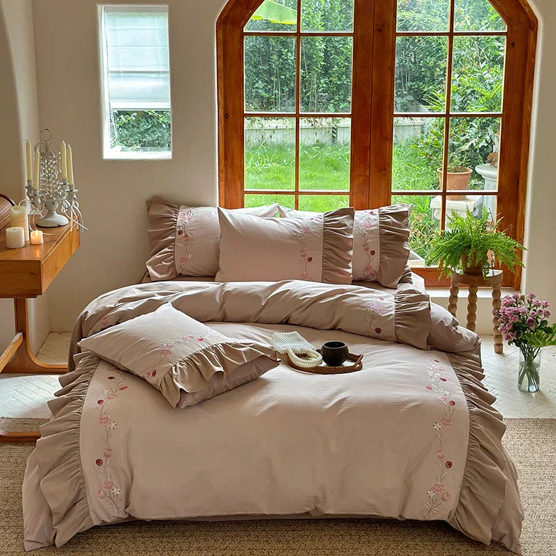 Afralia™ Korean Princess Style Embroidered Bedding Set with Pleated Ruffles in Egyptian Cotton