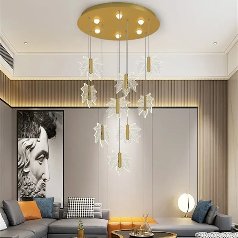 Luxury Maple Leaf Staircase Pendant by Afralia™ - Duplex Villa Chandelier