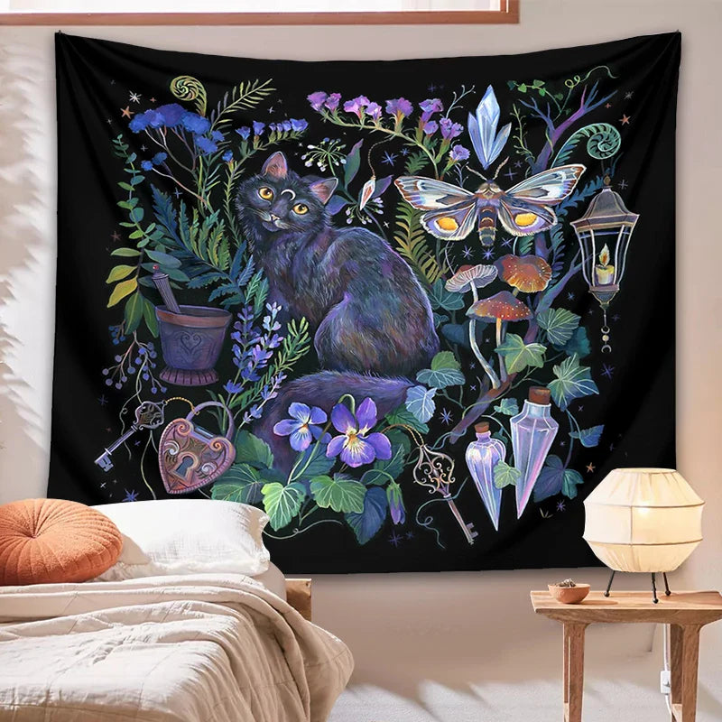 Boho Garden Tapestry Moon Moth Psychedelic Botanical Wall Hanging by Afralia™.