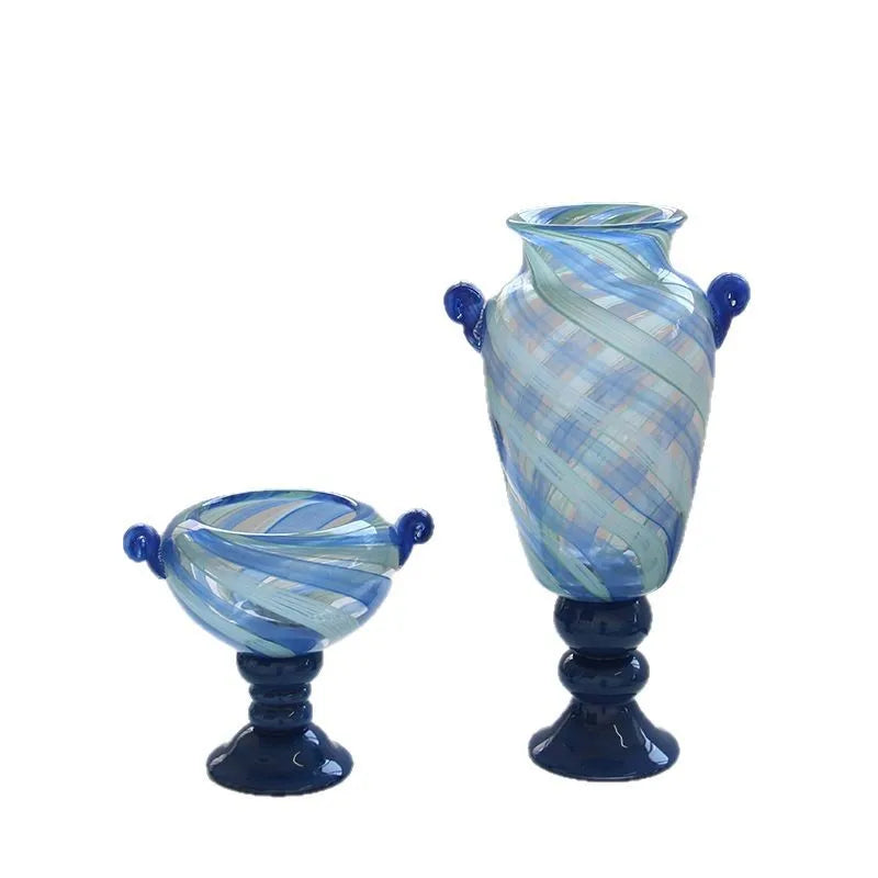 Afralia™ Blue Striped Transparent Glass Vase - Tall Bottle Flower Pot Bouquet Holder