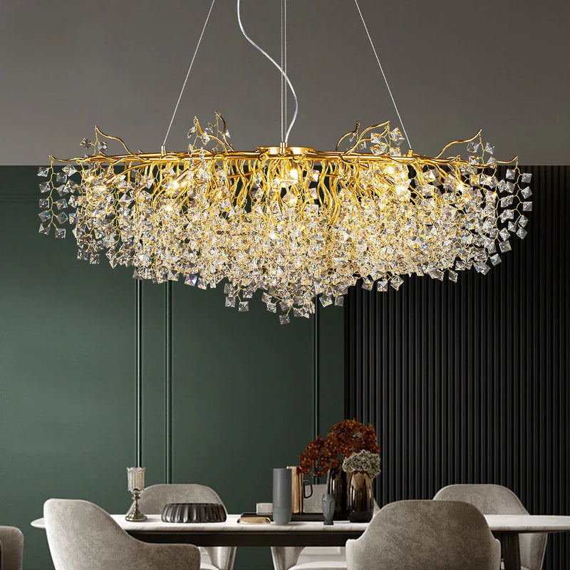 Afralia™ Gold Crystal Chandelier LED Round Light Island Branch Chandelier