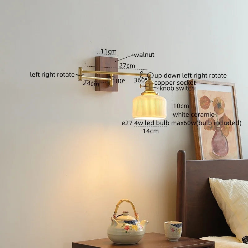 Afralia™ Ceramic Walnut LED Wall Lights for Modern Bedroom Living Room, Pull Chain Switch