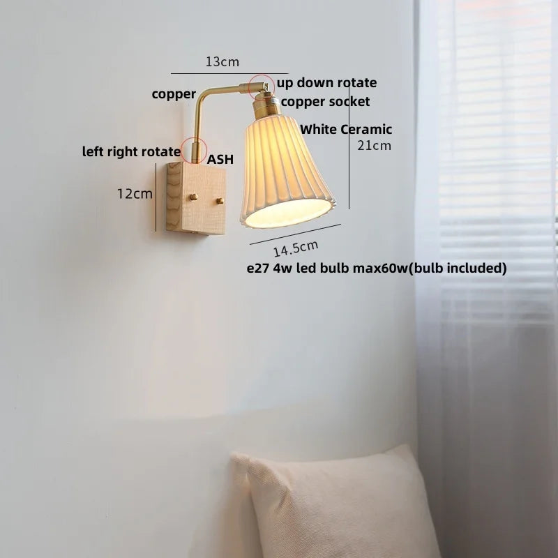 Afralia™ Nordic LED Wall Lights Pull Chain Switch Bedside Lamp Walnut Ash Glass Copper