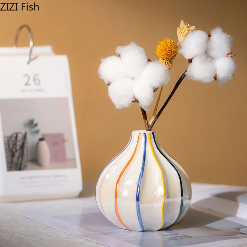 Afralia™ Striped Ceramic Vase for Table Decoration and Artificial Flower Arrangement