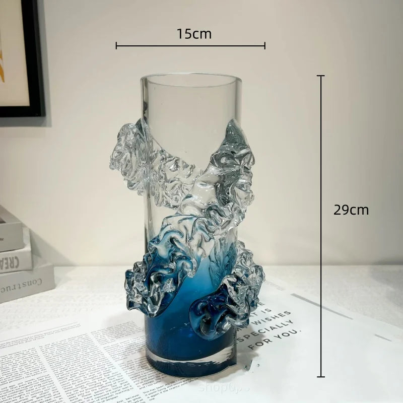 Afralia™ Blue Gradient Wavy Glass Vase for Floral Arrangements and Room Decor