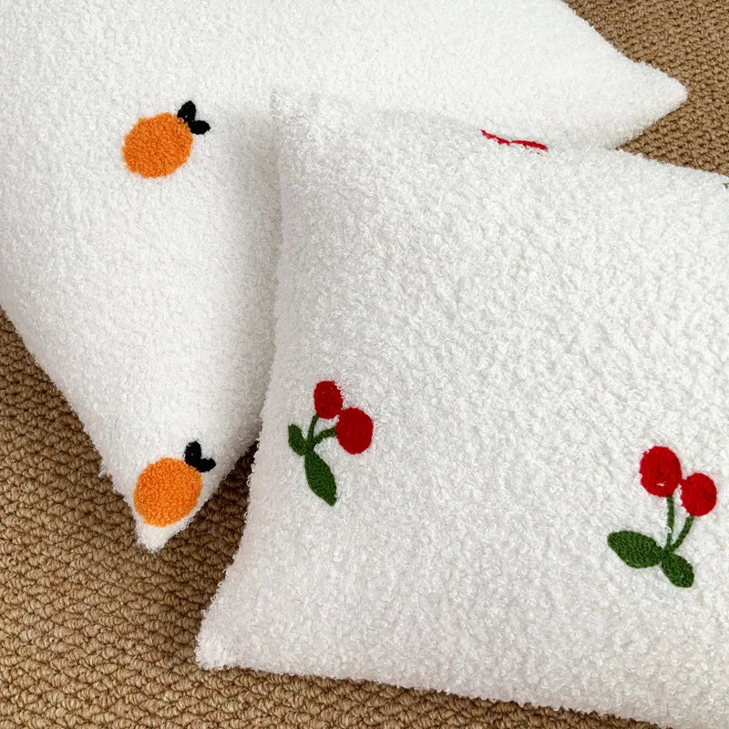 Afralia™ White Plush Fruit Embroidered Cushions - Cherry Daisy Bear Covers - 45*45CM