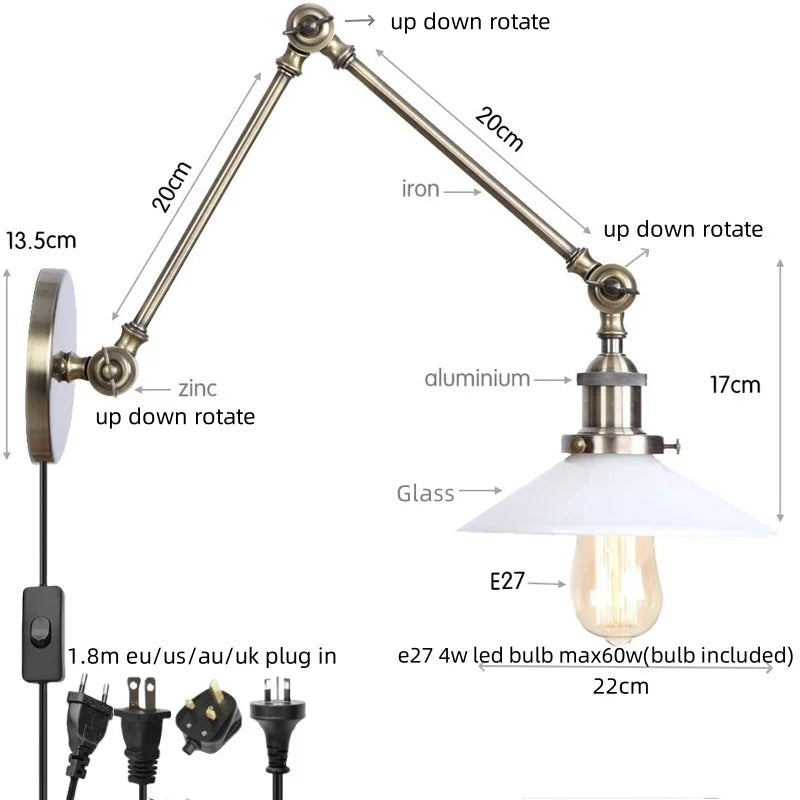 Afralia™ Vintage Clear Glass LED Wall Lamp, Industrial Pull Chain Switch, Adjustable Light Fixtures