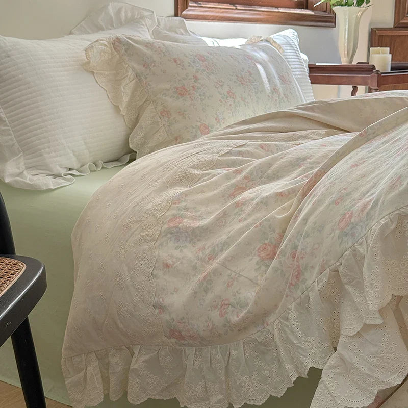Afralia™ Elegant Floral Lace Ruffles Bedding Set with Double Yarn - Soft Cotton Blend