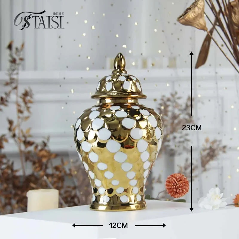Afralia™ Geometric Golden Porcelain Jar - Home Decor Vase & Storage Tank