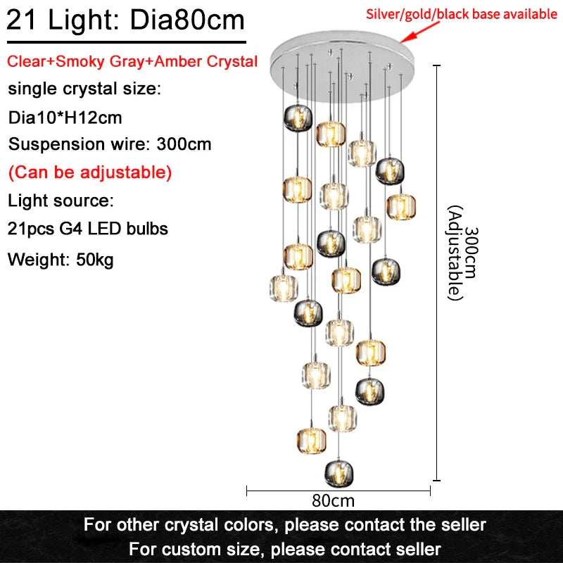 Afralia™ Crystal Staircase Chandelier: Luxury Amber/Smoky Grey/Clear LED Hanging Lamp