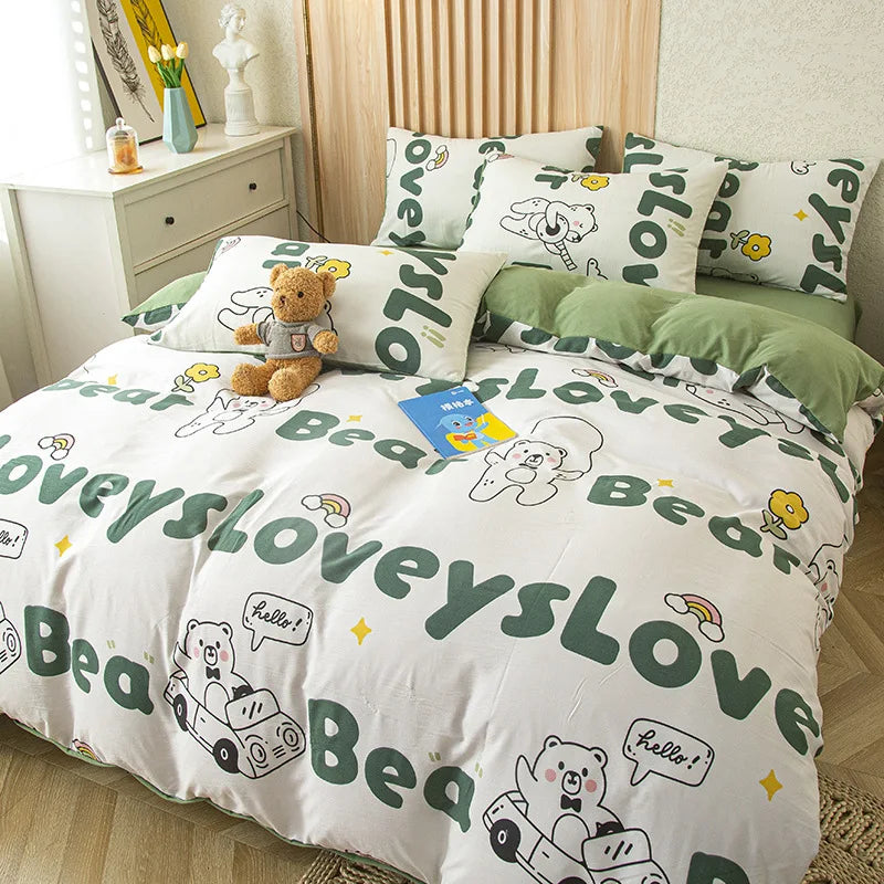 Afralia™ Cat Bear Print Bedding Set Single Queen Girls Boys Fashion