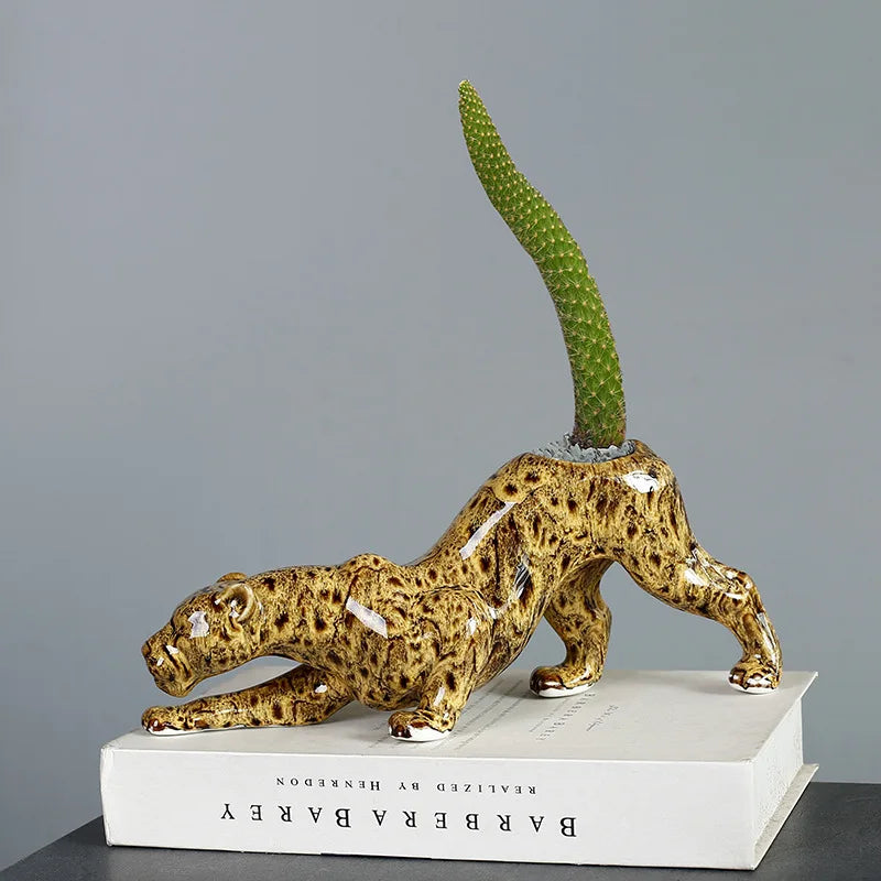 Afralia™ Ceramic Animal Flowerpot: Leopard Cheetah Cartoon Characters for Garden Plants