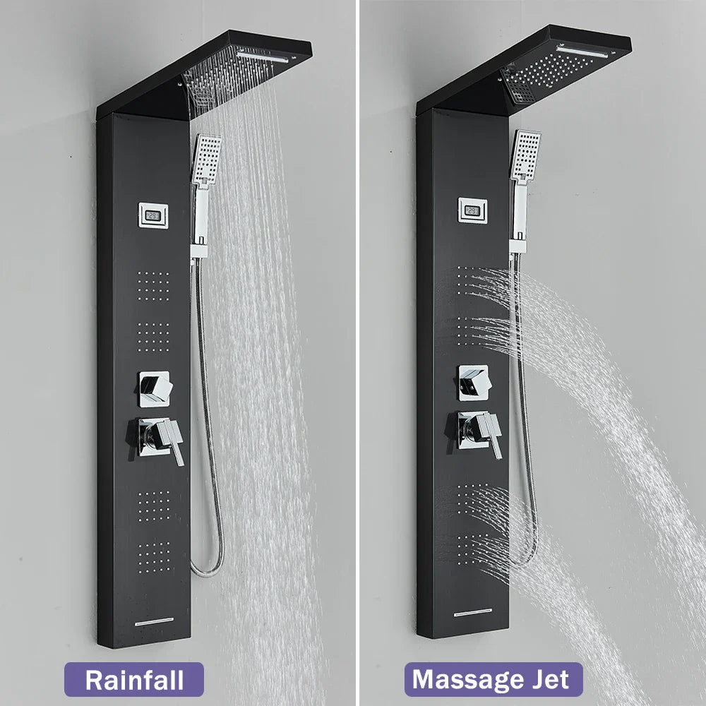 Afralia™ Black Massage Jet Rainfall Shower Panel with Temperature Display 5 Modes