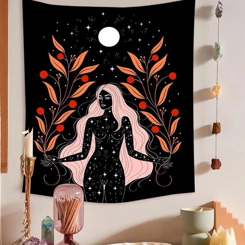 Moon Phase Rainbow Girl Tapestry for Afralia™ Home Decor