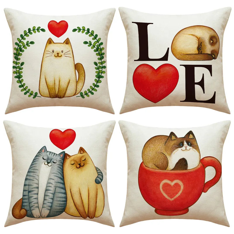 Afralia™ Cartoon Cat Linen Pillowcase 45x45cm Couple Love Cushion Covers for Living Room