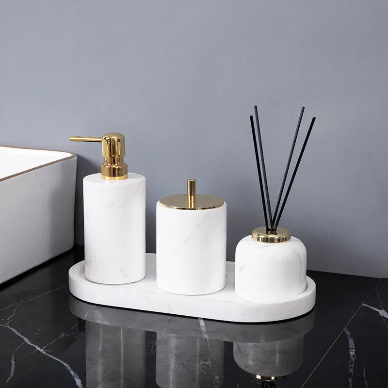 Afralia™ Volakas White Marble Bathroom Set: Soap Dispenser, Toothbrush Holder, Tray