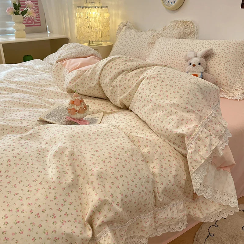 Afralia™ Princess Style Flowers Lace Ruffles 100% Cotton Bedding Set - 4Pcs
