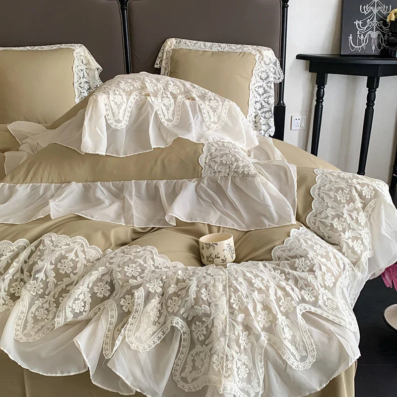 Afralia™ Romance Lace Ruffles Bedding Set 4Pcs, 200x230cm, Princess Wedding Theme