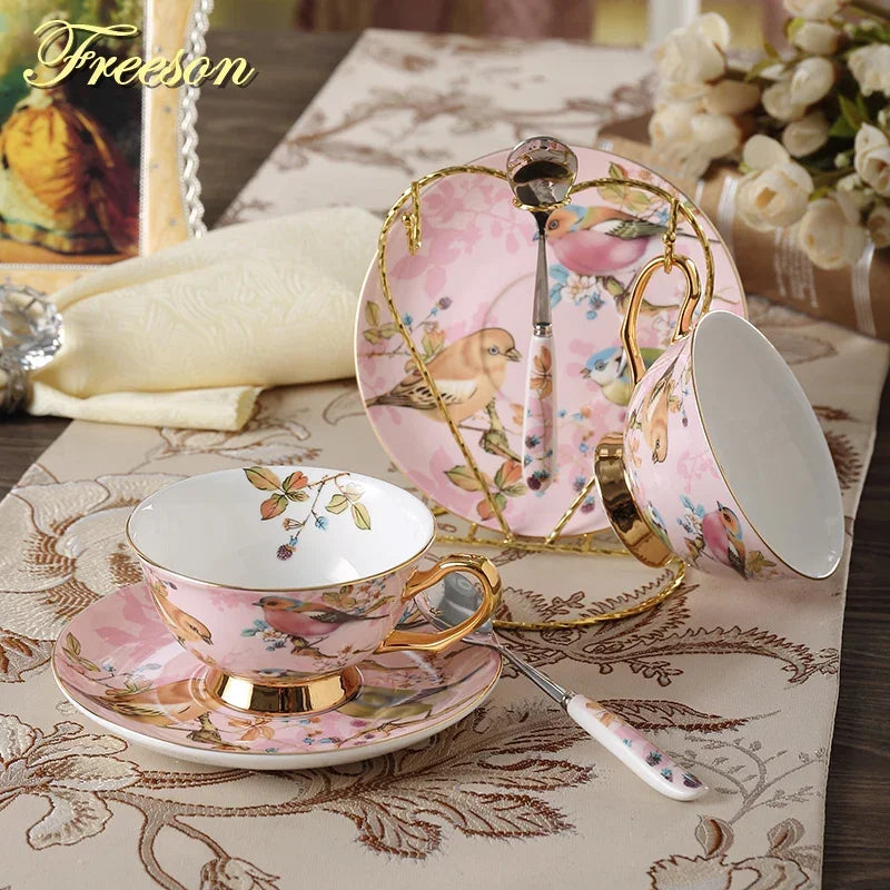 Afralia™ Porcelain Tea Cup Saucer Spoon Set | Elegant Bird Design Coffee 200ml Mug Tray