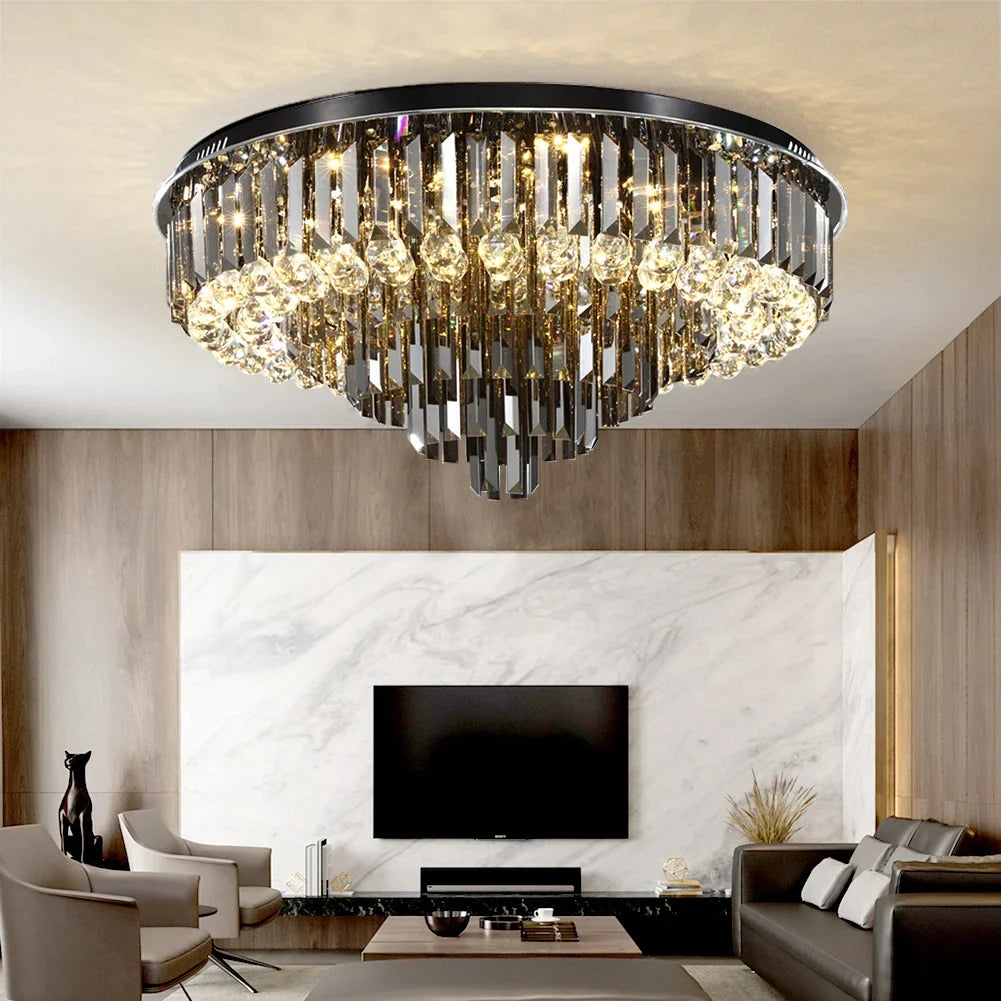Afralia™ Round Crystal Ceiling Chandelier - Modern Black Gold Living Room Lighting