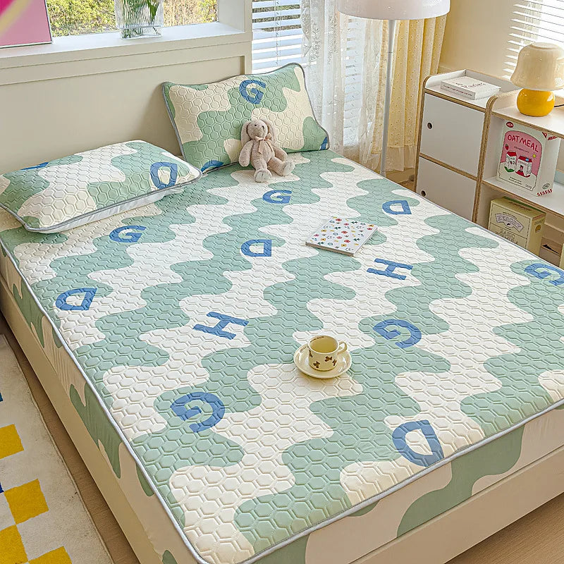 Afralia™ Cool Silk Latex Fitted Sheet Set with Pillowcases, Summer Ice Silk, Single Double Bed