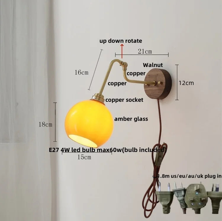 Afralia™ LED Wall Lights Up Down Rotate Pull Chain Switch Bedside Lamp Glass Canopy Fixtures