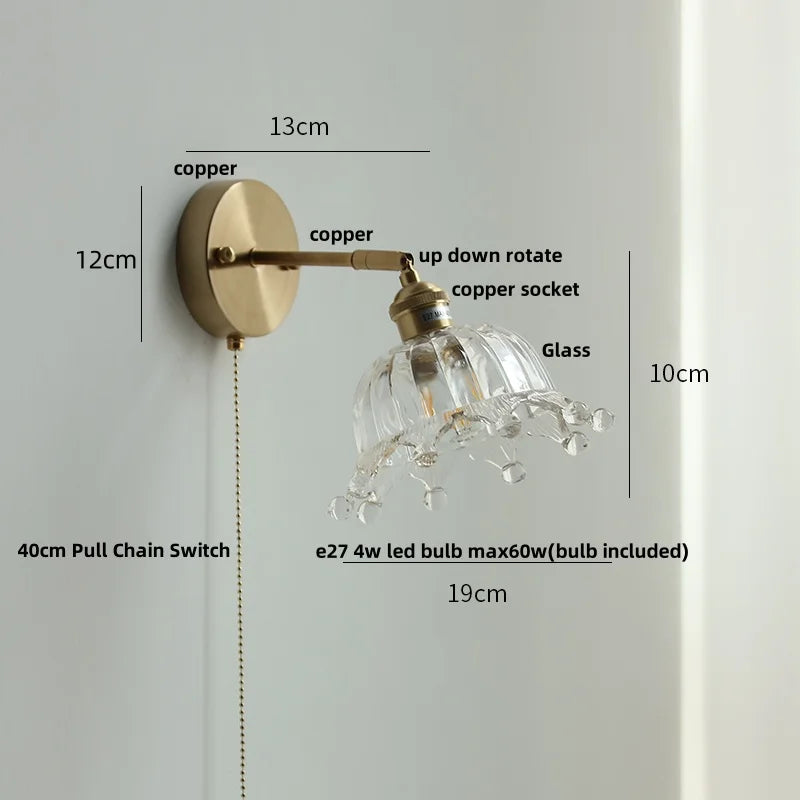 Afralia™ Glass LED Wall Sconce Pull Chain Switch Modern Bathroom Light